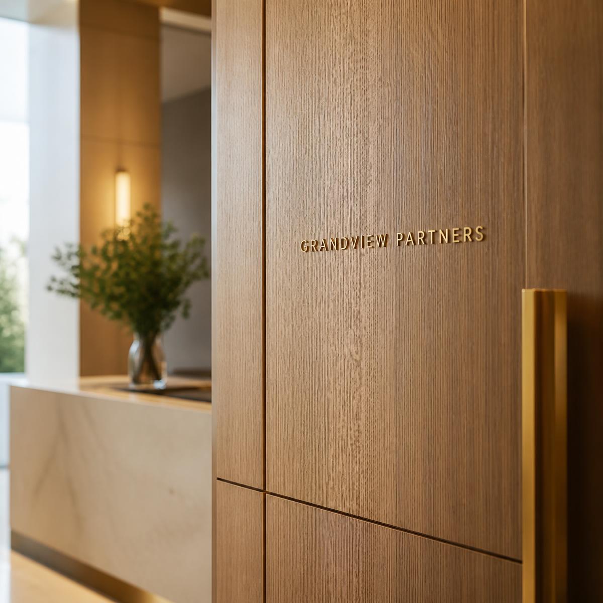 High-end corporate lobby with oak paneling and brass accents